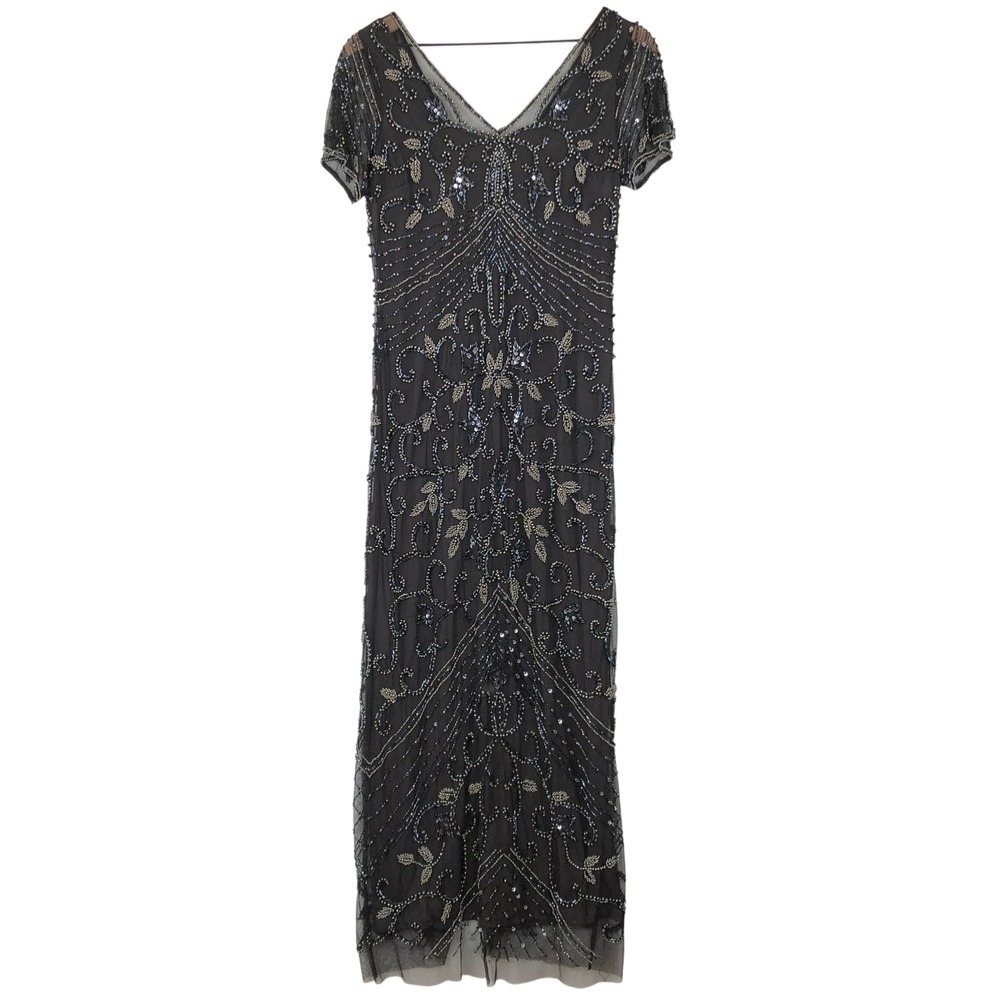 PISARRO NIGHTS Emellished Beaded Sequin Formal Maxi Dress S/S Sz 8 Black Evening